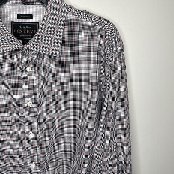 JOS A BANK Shirt Mens XL Tailored Fit Button Up Spread Collar Check Black Tan - Picture 2 of 9